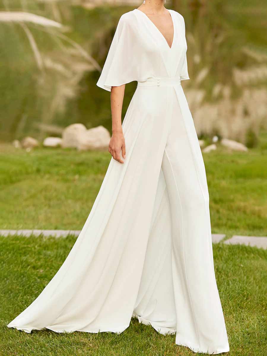 Chiffon A-line Flutter Sleeve wedding dresses