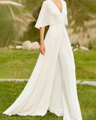 A Line Flutter Sleeve Wedding Dress Country V Neck