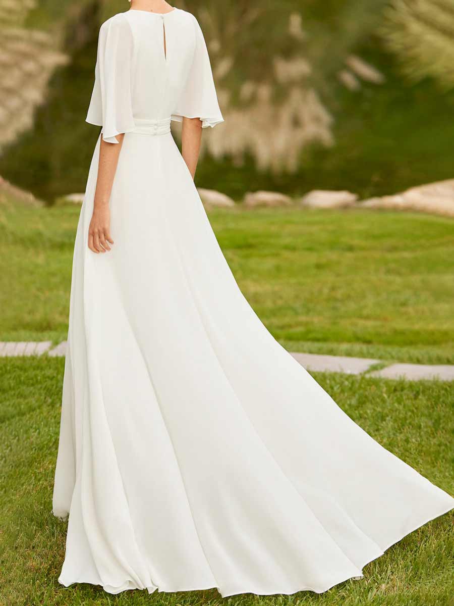 A Line Flutter Sleeve Wedding Dress Country V Neck 2025 White / Customization A Line Flutter Sleeve Wedding Dress Country V Neck 2025 White / Customization
