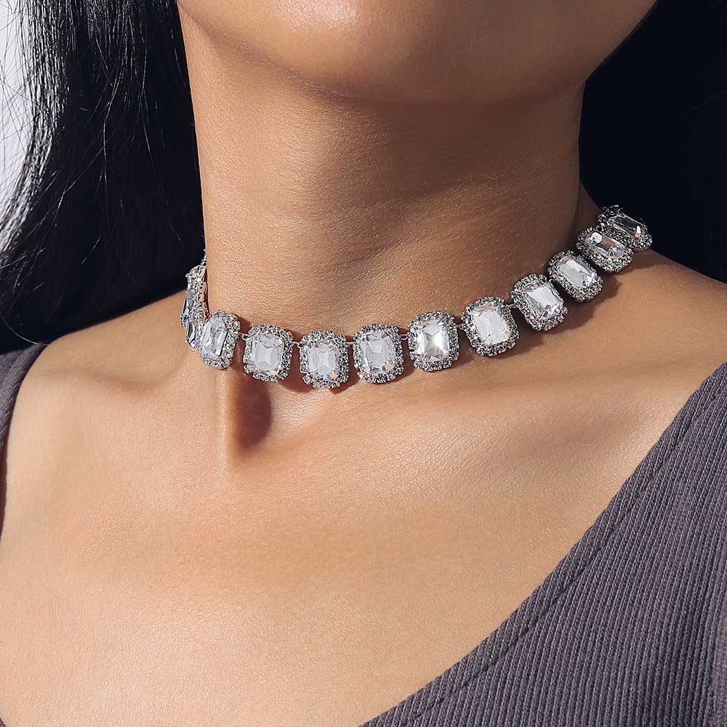 EDARY Crystal Choker Necklace Silver Rhinestone Wedding Jewelry for Women