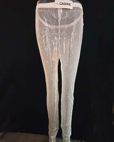 CASDRE Rhinestone Mesh Pants High Waisted White Sparkle Mesh Leggings ...