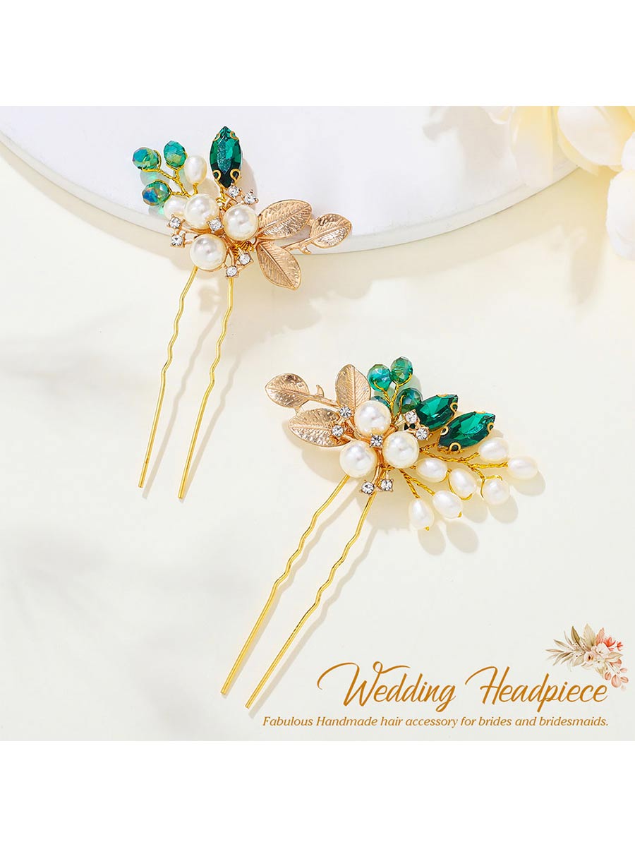 Pearl Bride Wedding Hair Pins Gold Leaf Hair Pieces Green Crystal Bridal Hair Accessories
