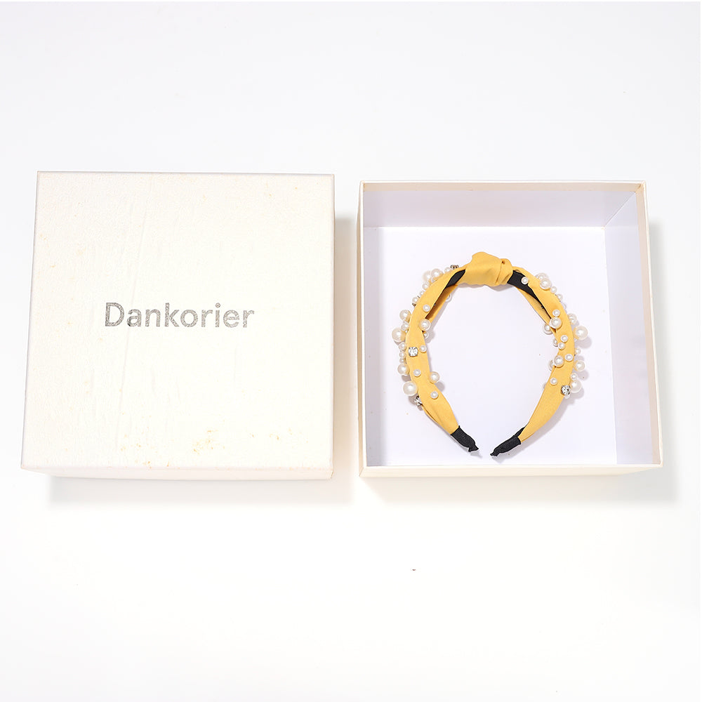 Dankorier Mustard Yellow Knotted Fabric Headband with Mixed-Size Pearls & Rhinestone Accents