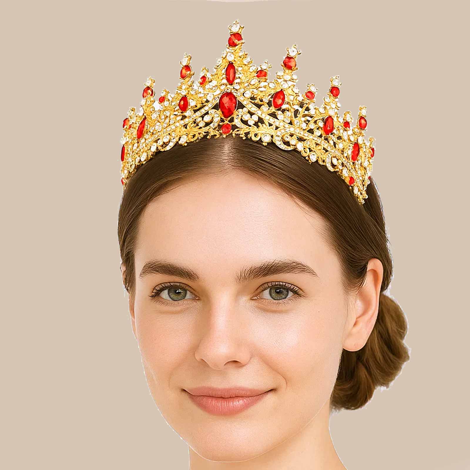 Gold Baroque Tiara with Ruby-red Rhinestones | Light-Up Wedding Crown