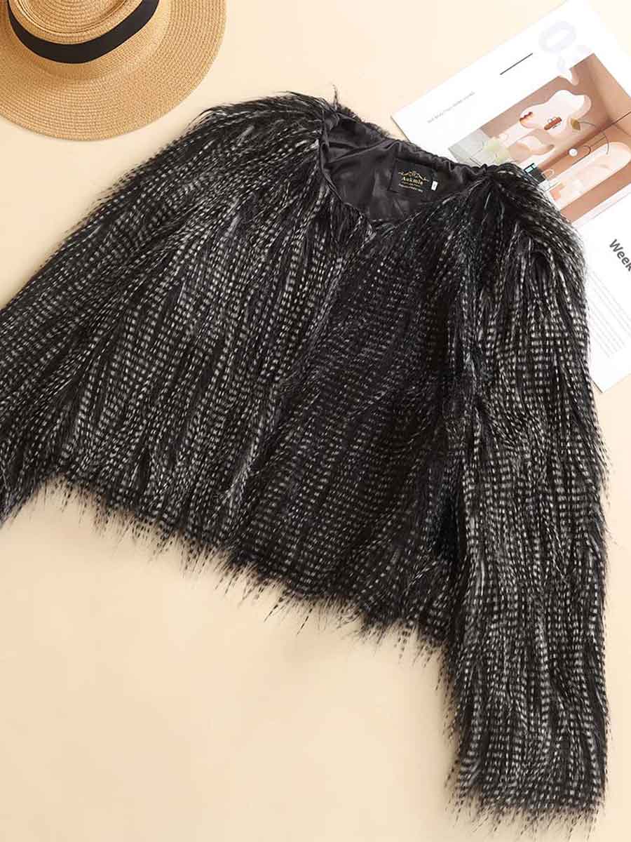 Abrigo de piel negro Piel de pavo real Chaqueta elegante de invierno de manga completa 