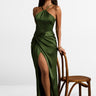 Romantic Boho Satin Olive Green Sleeveless Maxi Bridesmaid Dress