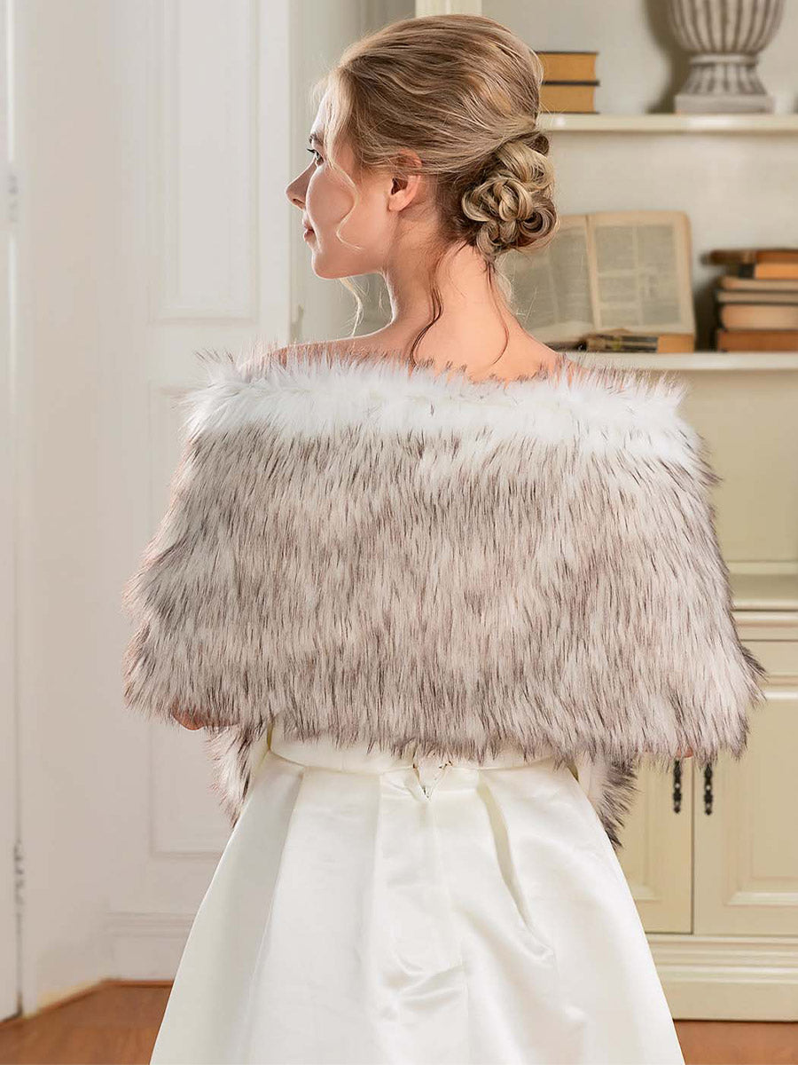 2025 Soft Gradient White-Brown Faux Fur Stole With Buttons