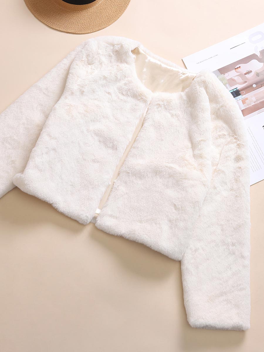 Beige Faux Rabbit Fur Full Coat Sleeves Winter Warm Jacket