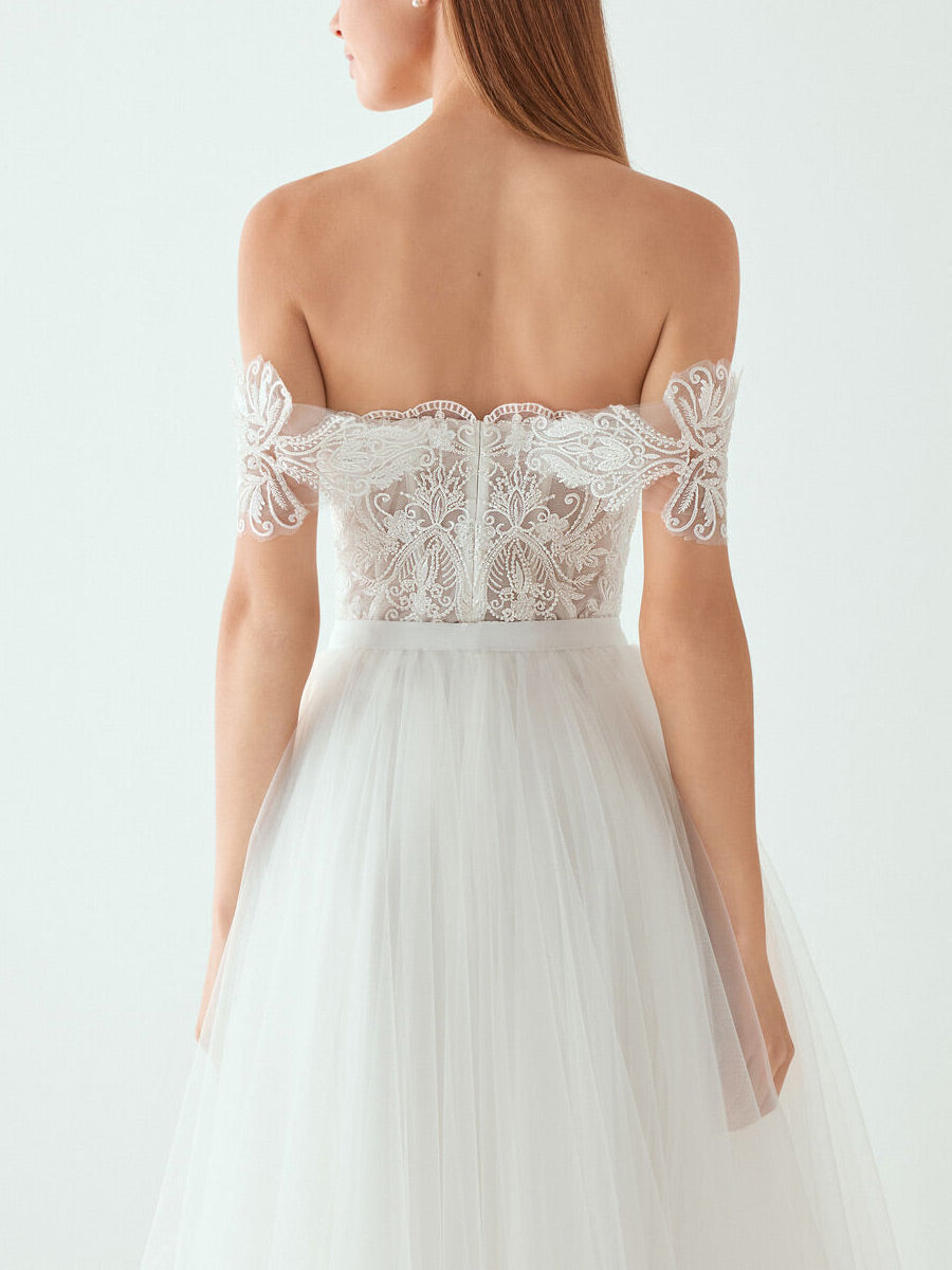 strapless lace tea length wedding dress Willow Tea Length - a strapless lace gown with straps and beautiful lace embellishments | WED4LESS OUTLETS ~ Wedding Dress & Bridesmaid Dress Outlets | Stockport | Newcastle | Burton | West Bromwich