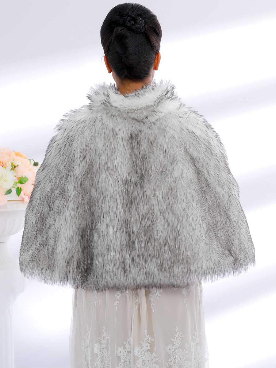 2025 Women's Gradient Silver Faux Fur Cape Split Cover Up with Collar