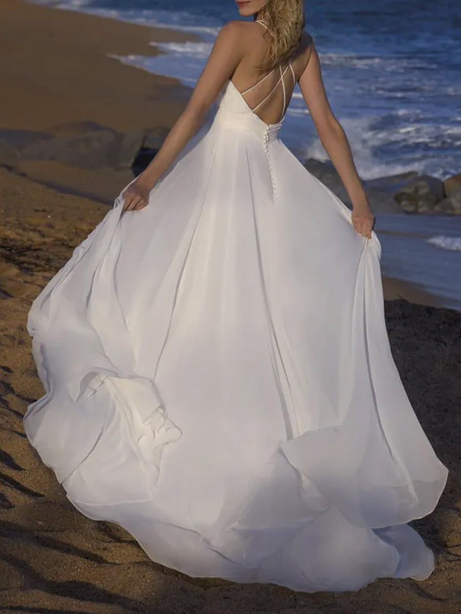 Casual Simple Flowy Beach Wedding Dresses Deep V Sleeveless