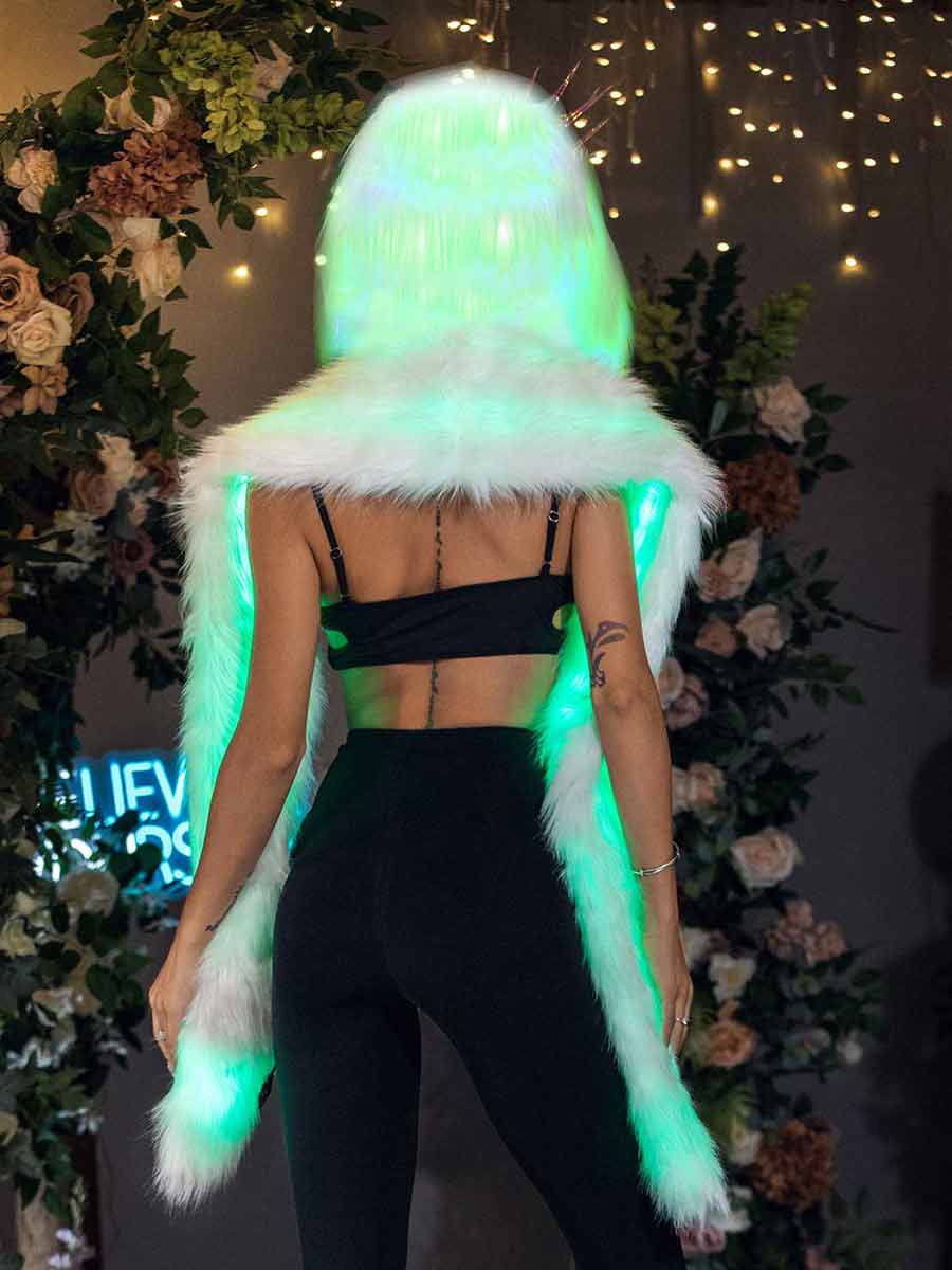 Light Up Faux Fur Shawl- Hooded White Sleeveless Long LED Outfit for Women