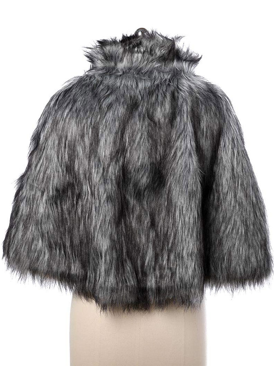 2025 Women's Grey Faux Fur Winter Cardigan Cloak Warm Shawl