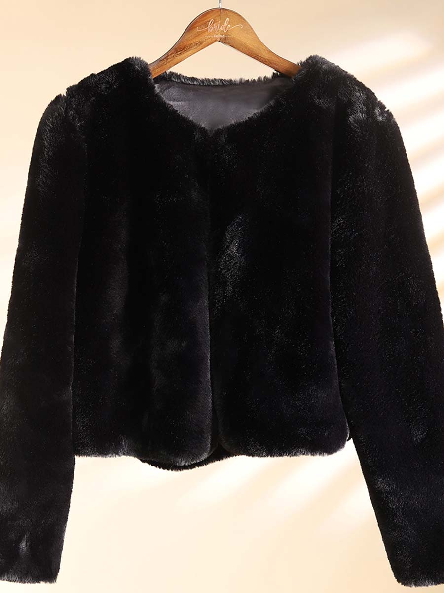 Schwarzer Pelzmantel, modische Winter-warme Vollärmel-Jacke aus Kunstkaninchenfell 