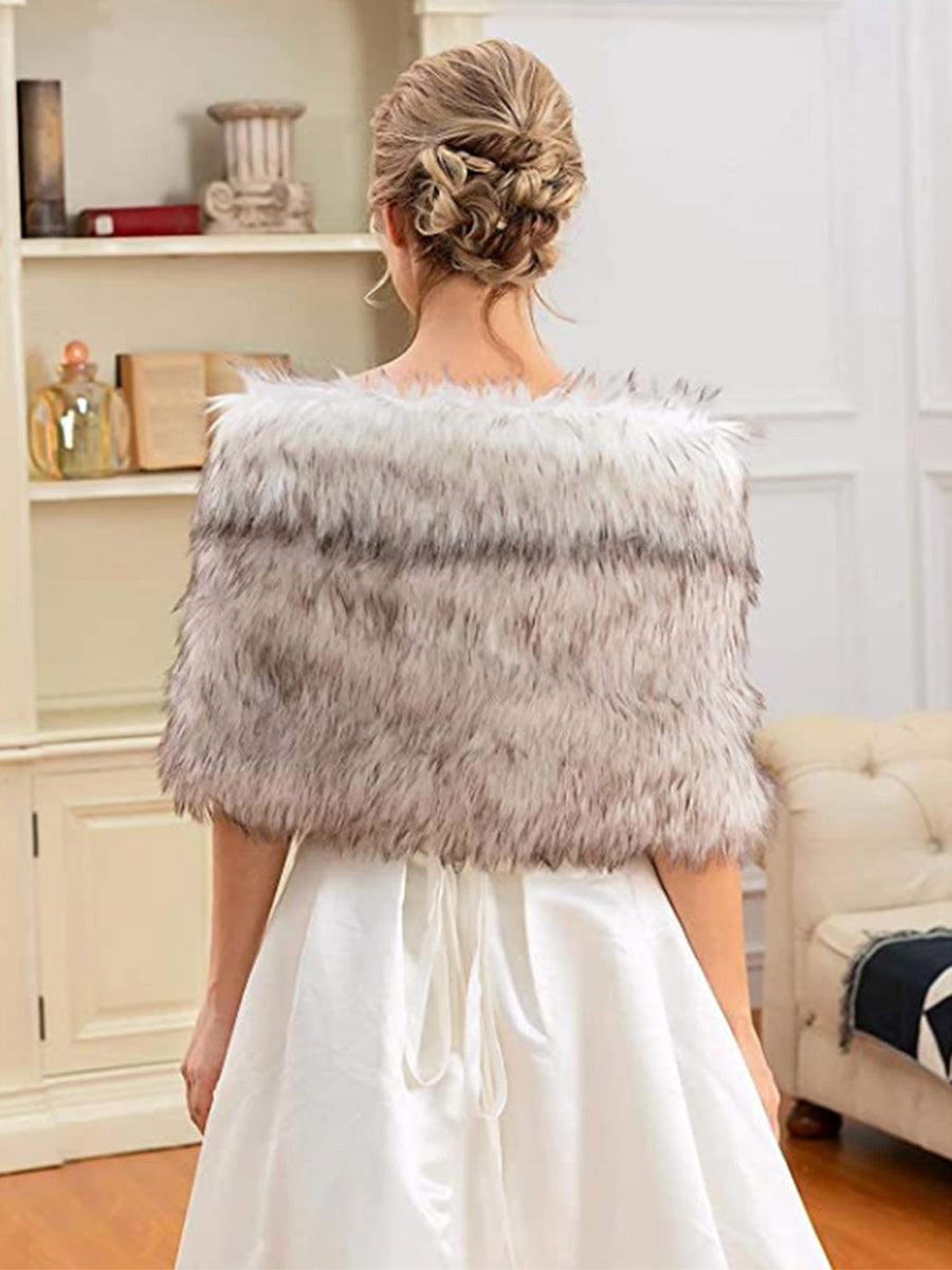 Brown-White Faux Fur Furry Shawl