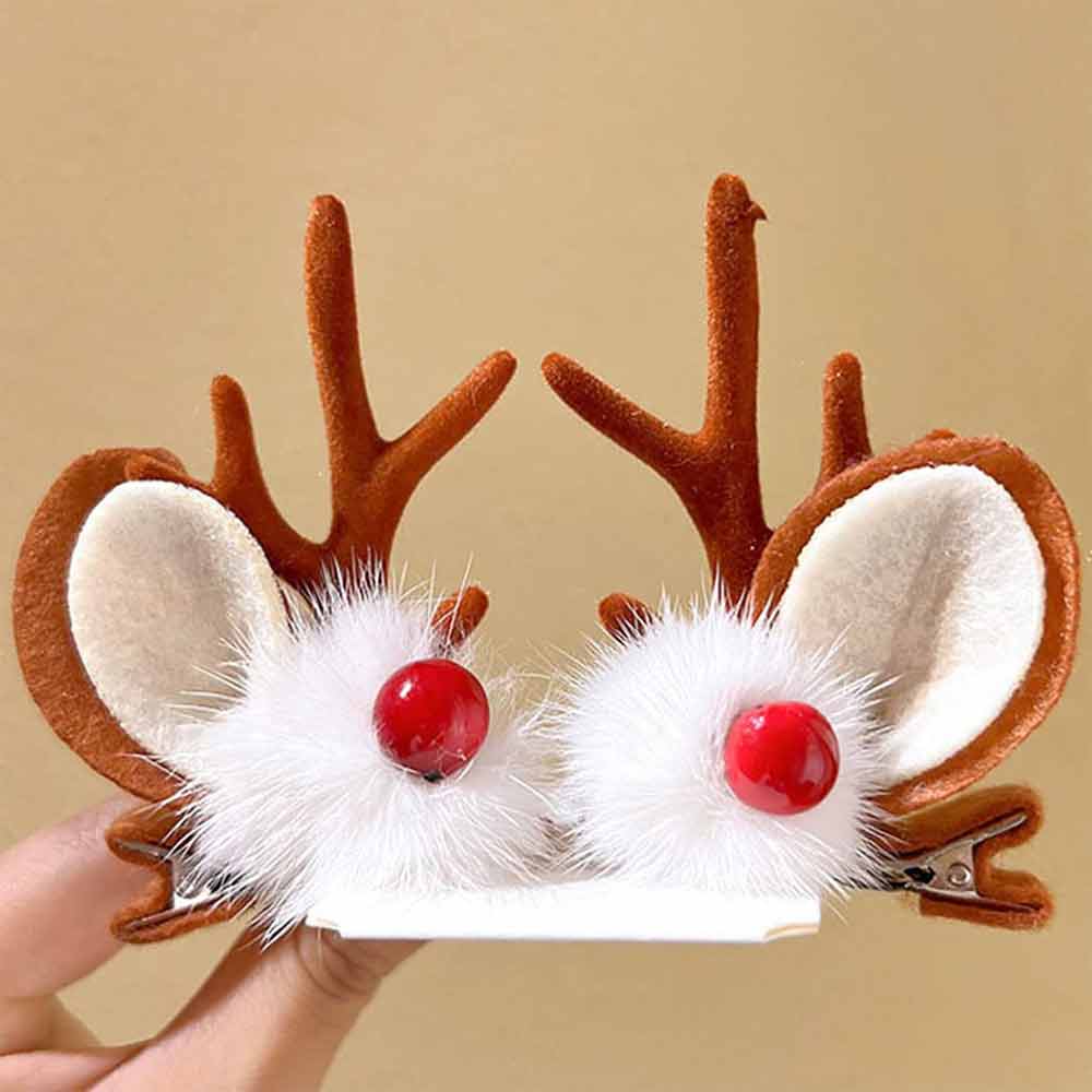 Christmas Reindeer Antler Hair Clips with Plush Ears and Red Berries HP015