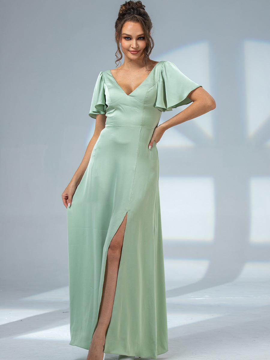 2025 Agave Green Bridesmaid Dresses V-neck Flutter Sleeve