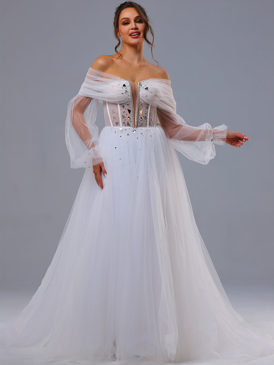 Off Shoulder Bishop Sleeve Wedding Dress A line V neck Off Shoulder Bishop Sleeve Wedding Dress A line V neck