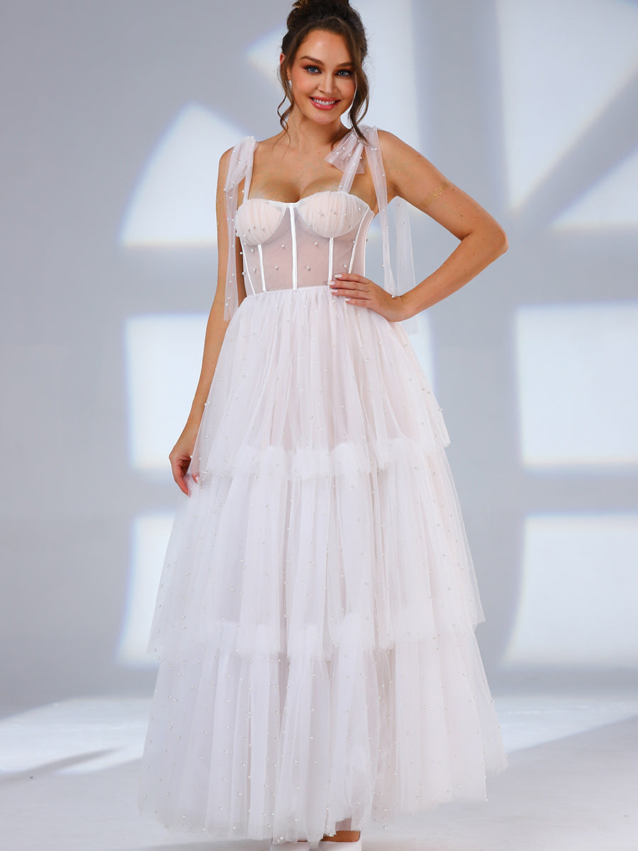 Tulle Tie Shoulder Wedding Dress Layered A-line