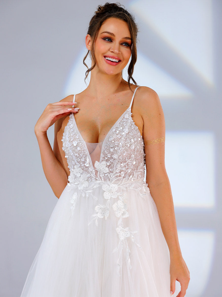 Plunging V Neck Wedding Dress A line Slip Applique Light Up Plunging V Neck Wedding Dress A line Slip Applique Light Up