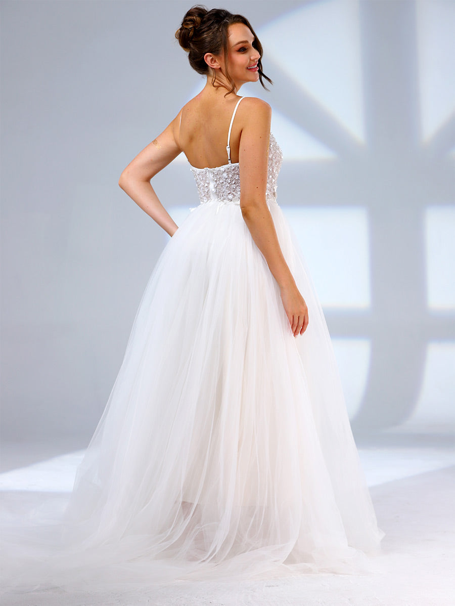 Plunging V Neck Wedding Dress A line Slip Applique Light Up BRIDALVENUS Plunging V Neck Wedding Dress A line Slip Applique Light Up BRIDALVENUS