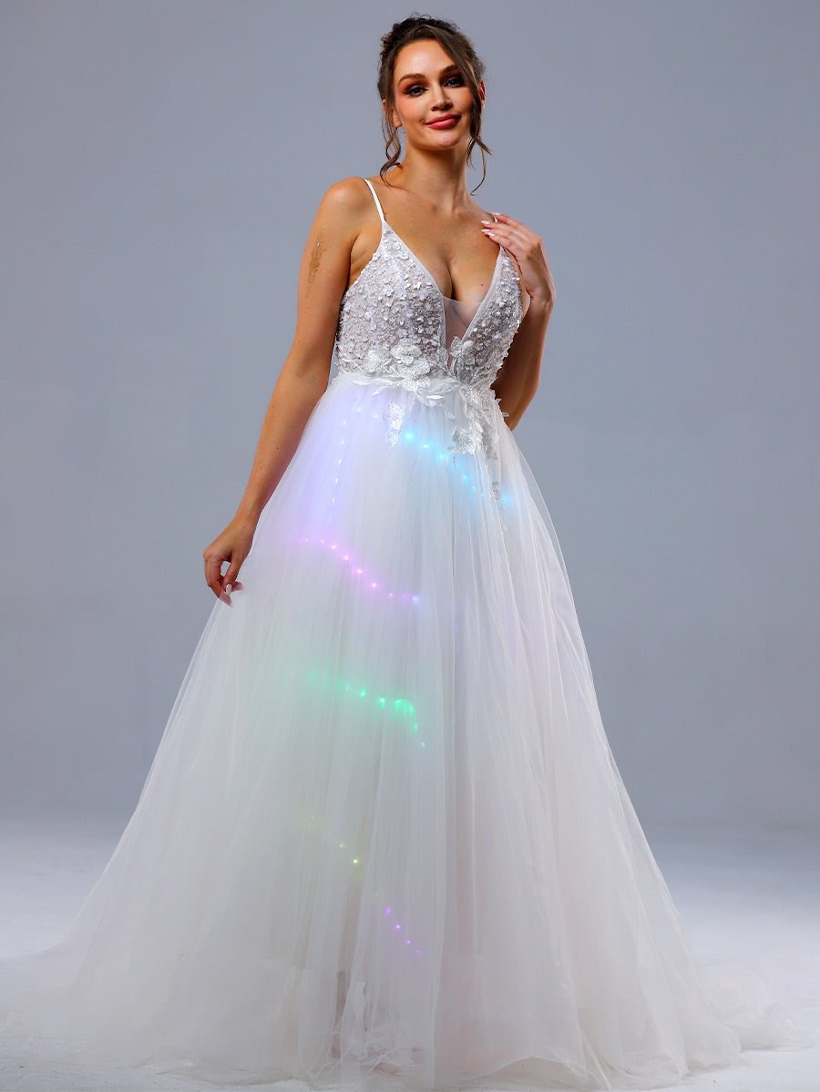 Plunging V Neck Wedding Dress A line Slip Applique Light Up BRIDALVENUS Plunging V Neck Wedding Dress A line Slip Applique Light Up BRIDALVENUS