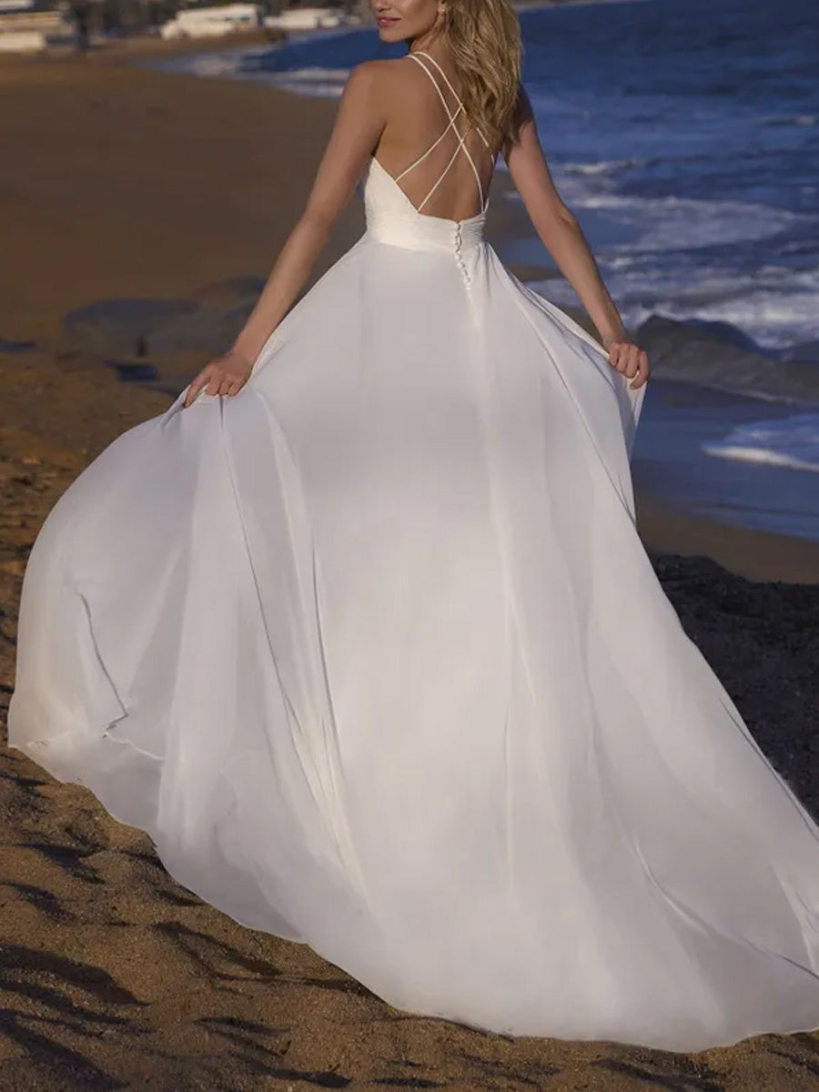 Casual Simple Flowy Beach Wedding Dresses Deep V Sleeveless BRIDALVENUS Casual Simple Flowy Beach Wedding Dresses Deep V Sleeveless BRIDALVENUS