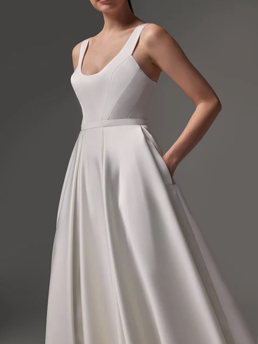 Satin Tea Length Wedding Dress With Scoop Neckline – BRIDALVENUS Satin Tea Length Wedding Dress With Scoop Neckline – BRIDALVENUS