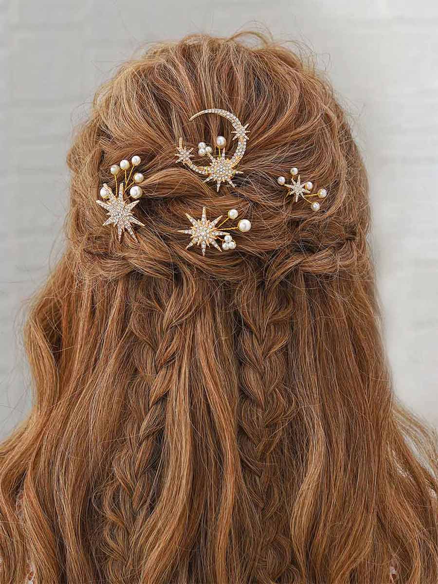 Star Bride Wedding Hair Pins Gold Moon Bridal Hair Pieces Pearl Hair Clips Hair Accessories