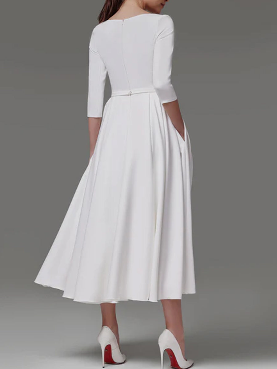 A Line Tea Length Wedding Dresses 3 4 Sleeve Satin