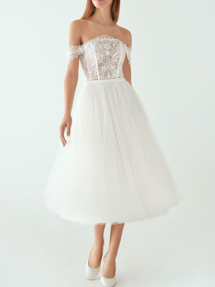 Tea Length Wedding Dress Strapless Lace Tulle A-line