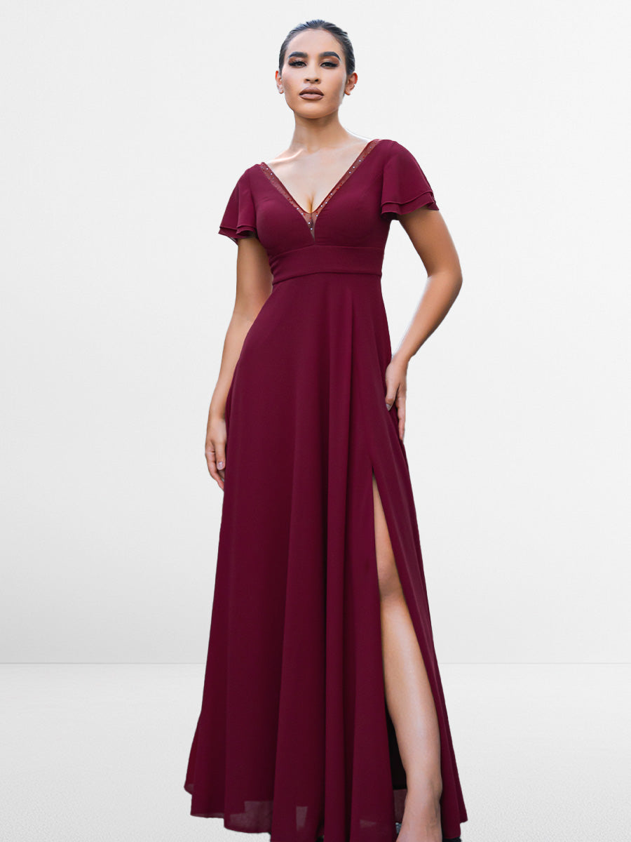 2025 Wine V-Neck Burgundy Chiffon Bridesmaid Dresses