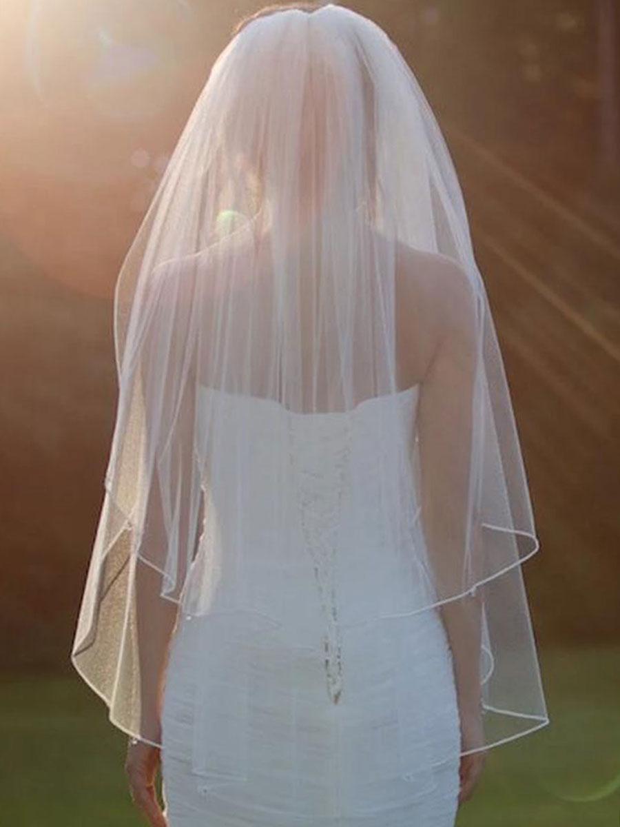 2-stufiger, hüftlanger kurzer weißer Brautschleier | Hochzeitsschleier aus Tüll mit Kamm 