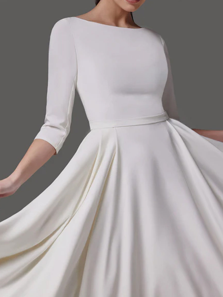 A Line Tea Length Wedding Dresses 3 4 Sleeve Satin Midi BRIDALVENUS A Line Tea Length Wedding Dresses 3 4 Sleeve Satin Midi BRIDALVENUS