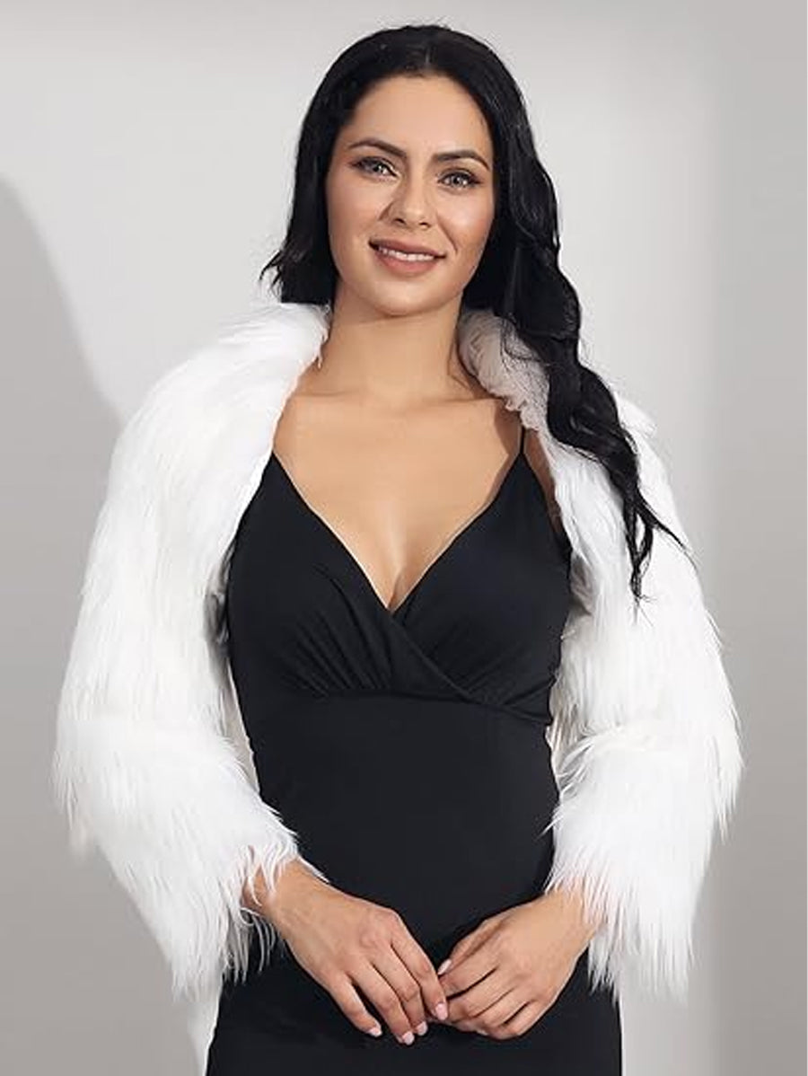 White Faux Fur Bolero Jacket & Coat Long Sleeve Fur Shawl