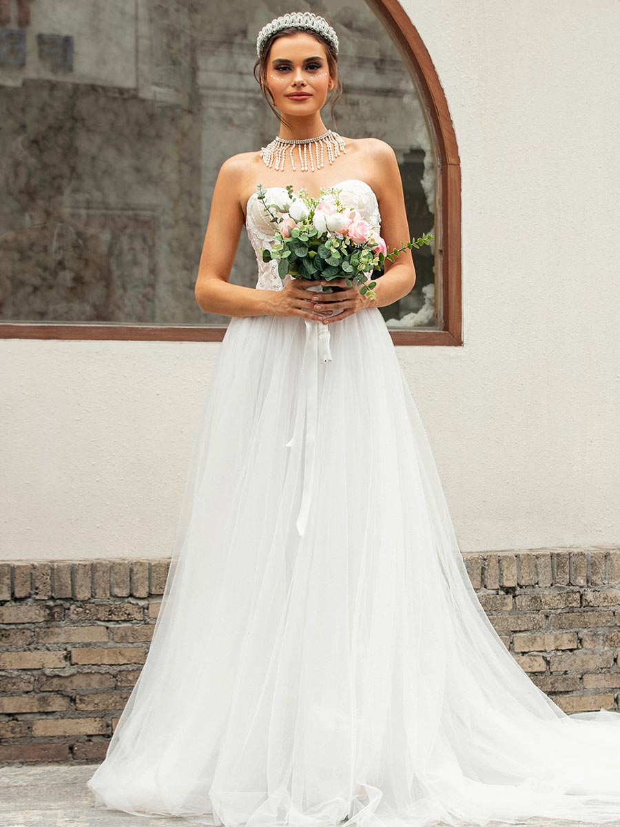 Sweetheart Neckline Princess Wedding Dress Tulle A-Line White / Customization Sweetheart Neckline Princess Wedding Dress Tulle A-Line White / Customization