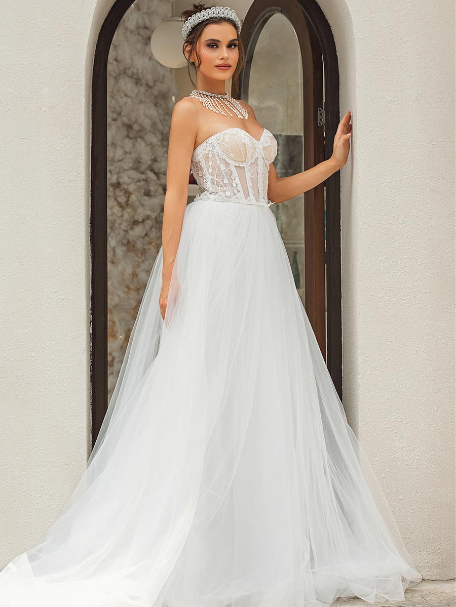 Sweetheart Neckline Princess Wedding Dress Tulle A-Line White / Customization Sweetheart Neckline Princess Wedding Dress Tulle A-Line White / Customization