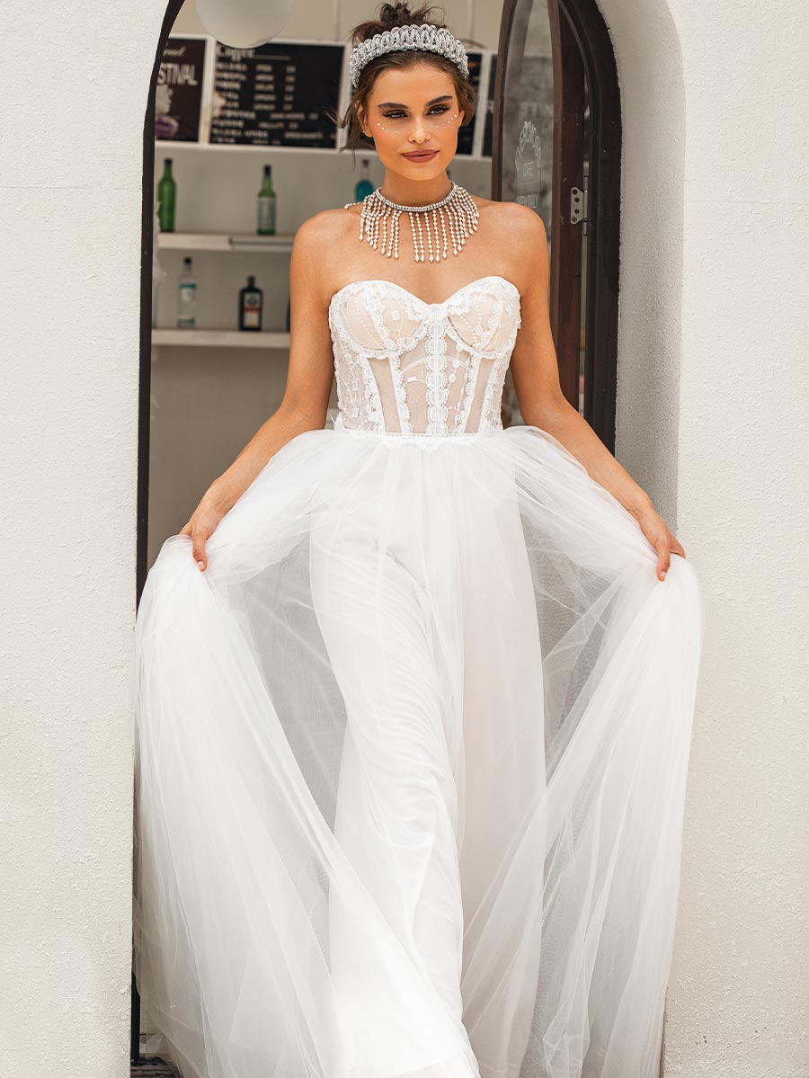 Sweetheart Neckline Princess Wedding Dress Tulle A-Line White / Customization Sweetheart Neckline Princess Wedding Dress Tulle A-Line White / Customization