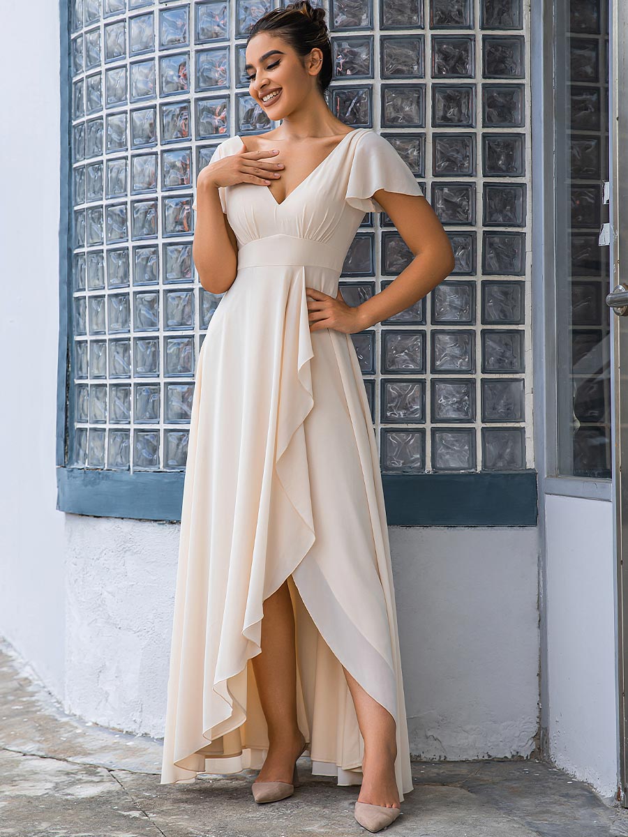 Chiffon V Neck Bridesmaid Dress Light Beige Ruffle Ivory / Customization Chiffon V Neck Bridesmaid Dress Light Beige Ruffle Ivory / Customization