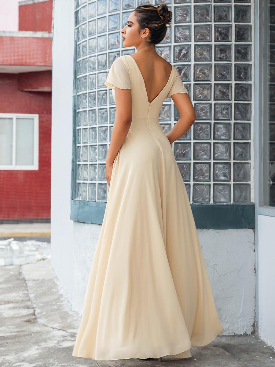Chiffon V Neck Bridesmaid Dress Light Beige Ruffle Ivory / Customization Chiffon V Neck Bridesmaid Dress Light Beige Ruffle Ivory / Customization