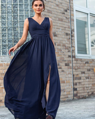 Navy Blue Chiffon Bridesmaid Dress V-Neck Sleeveless