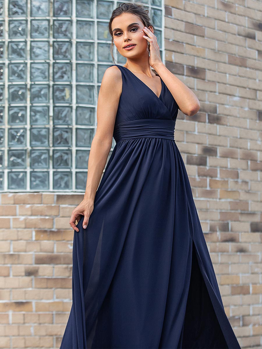 Navy Blue Chiffon Bridesmaid Dress V-Neck Sleeveless Dark Blue / 10 Navy Blue Chiffon Bridesmaid Dress V-Neck Sleeveless Dark Blue / 10