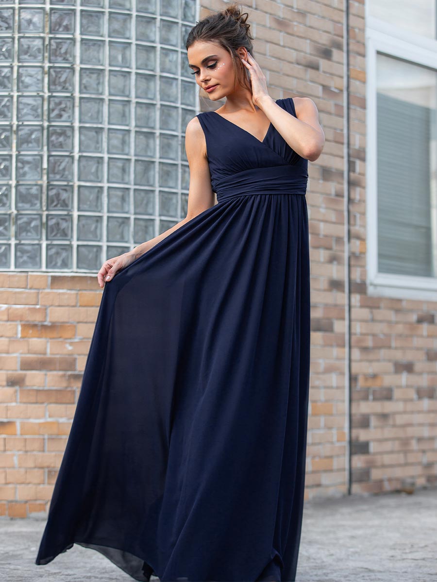 Navy Blue Chiffon Bridesmaid Dress V-Neck Sleeveless Dark Blue / 10 Navy Blue Chiffon Bridesmaid Dress V-Neck Sleeveless Dark Blue / 10