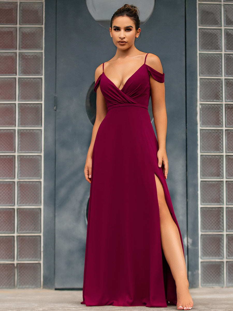 bridesmaid dress wine 2025 Wine Burgundy Bridesmaid Dresses Chiffon V Neck High Split Burgundy / 12