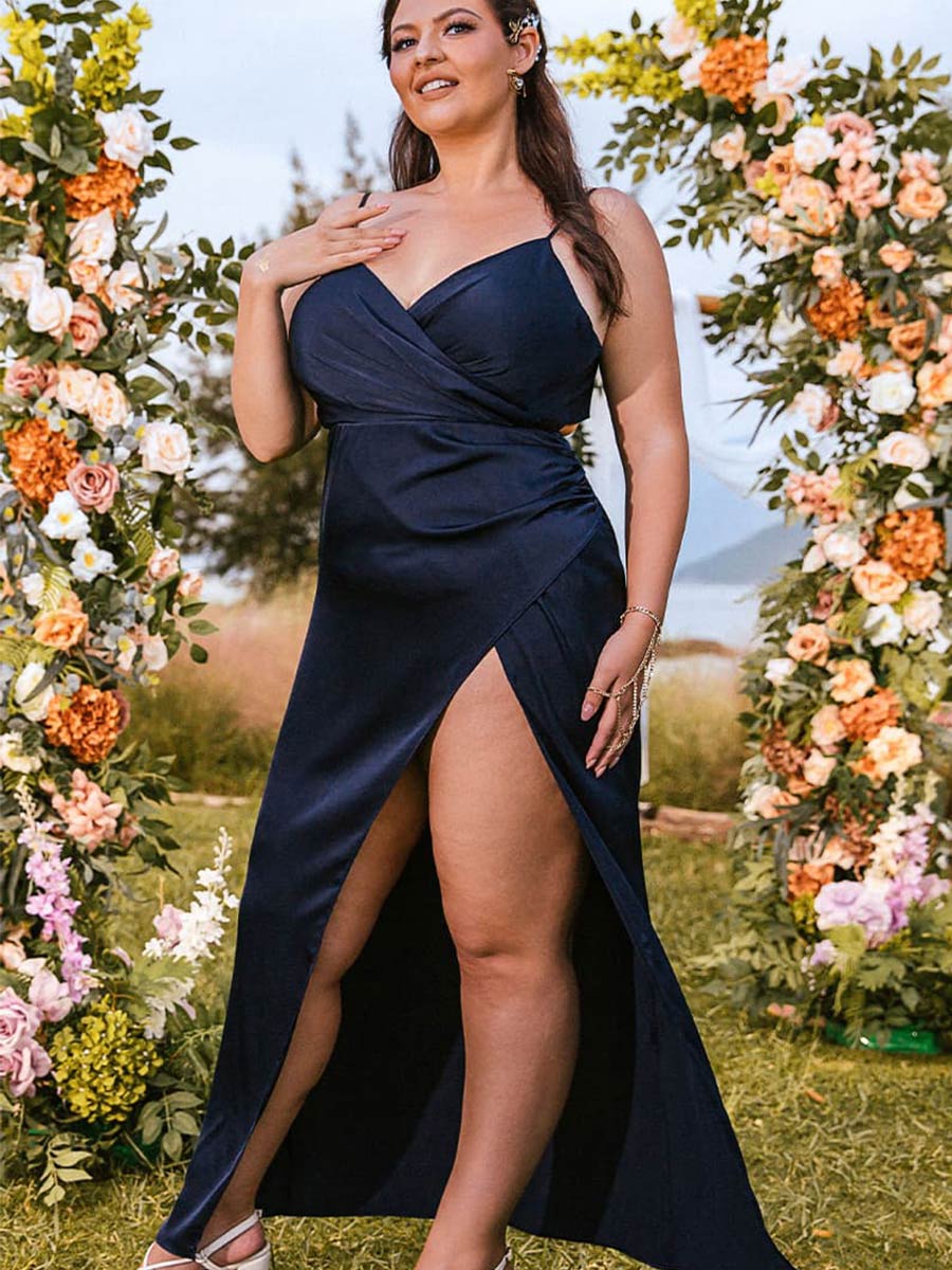 Black Satin Plus Size Bridesmaid Dresses Guest Slip Dark Blue / 16 Black Satin Plus Size Bridesmaid Dresses Guest Slip Dark Blue / 16