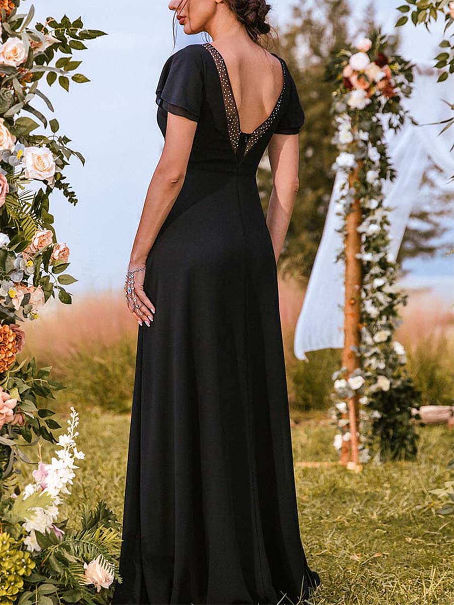 Long Black Chiffon Bridesmaid Dresses With V-Neck Black / 8 Long Black Chiffon Bridesmaid Dresses With V-Neck Black / 8