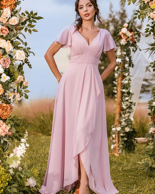 Pink Satin Bridesmaid Dresses V Neck Slip Sleeveless BRIDALVENUS Pink Satin Bridesmaid Dresses V Neck Slip Sleeveless BRIDALVENUS