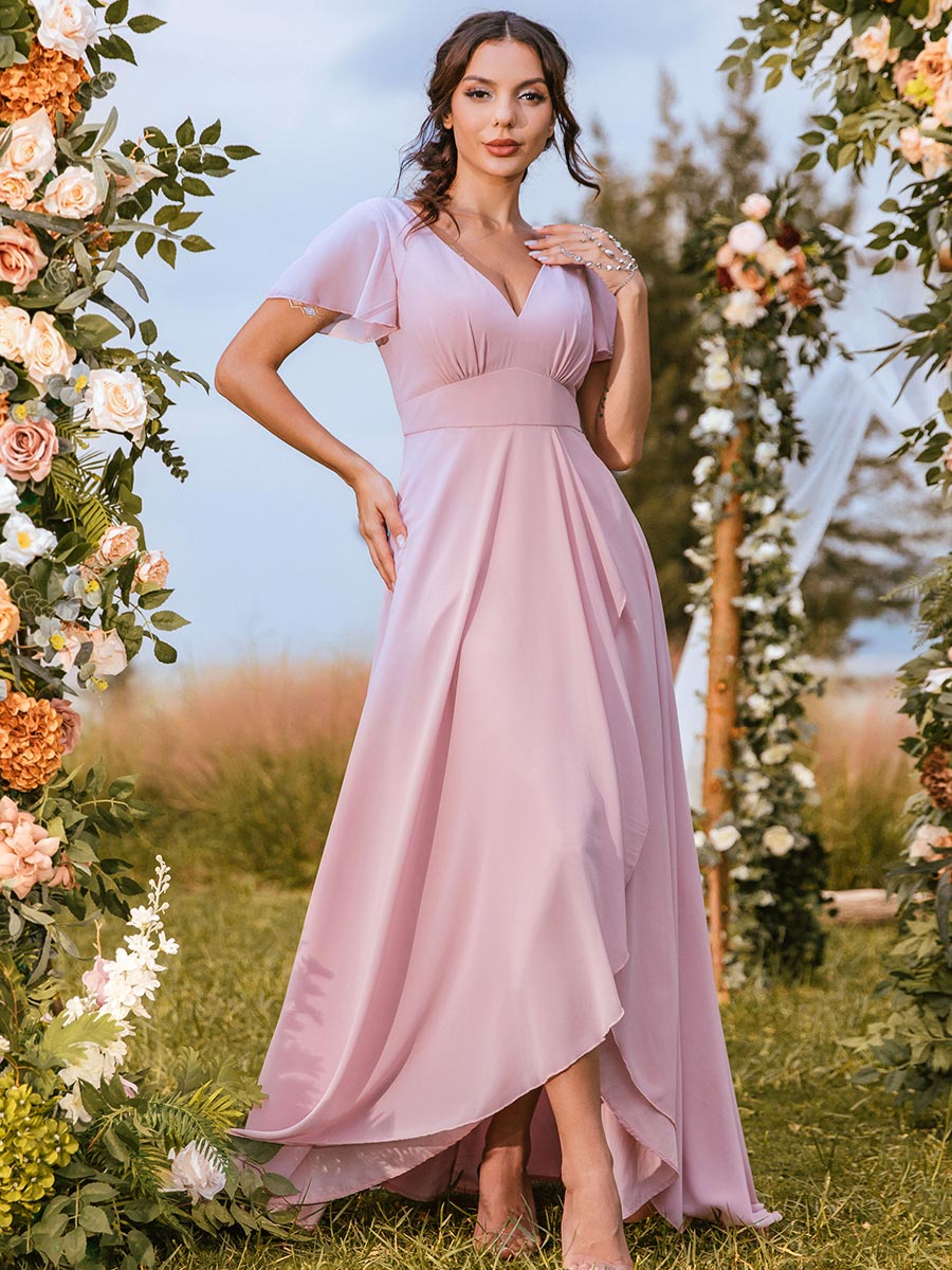 Pink Chiffon Bridesmaid Dresses Petite Garden V Neck Pink / 14
