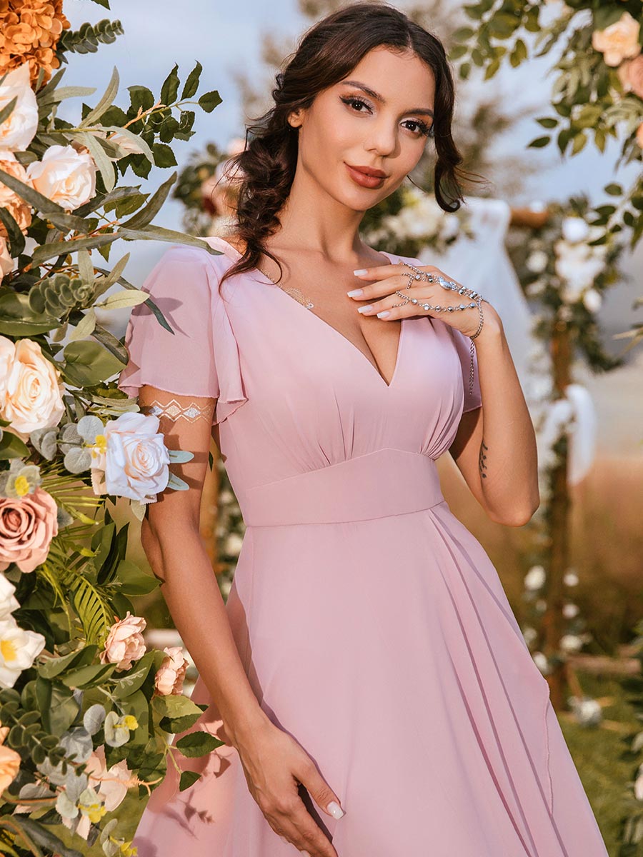 Pink Chiffon Bridesmaid Dresses Petite Garden V Neck Pink / 14 Pink Chiffon Bridesmaid Dresses Petite Garden V Neck Pink / 14