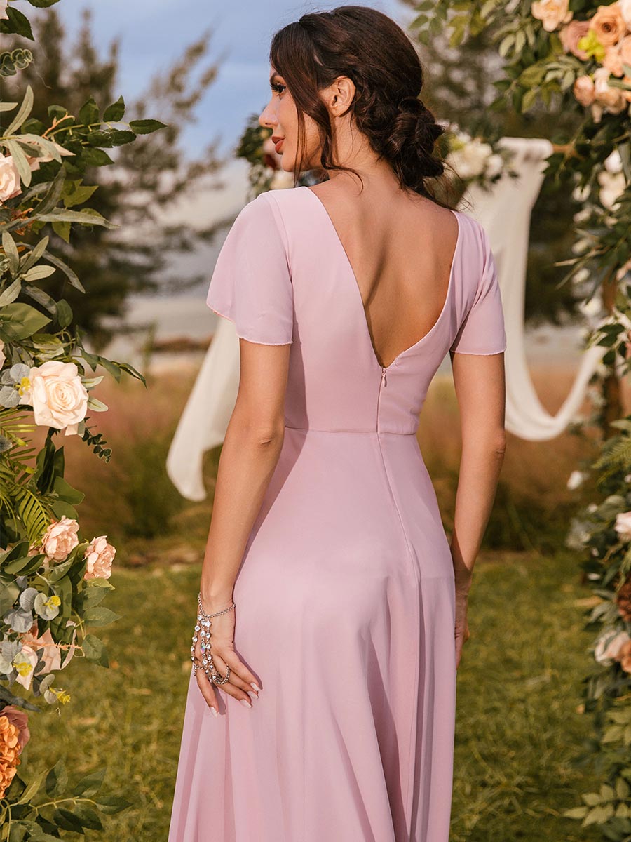 Pink Chiffon Bridesmaid Dresses Petite Garden V Neck Pink / 14 Pink Chiffon Bridesmaid Dresses Petite Garden V Neck Pink / 14